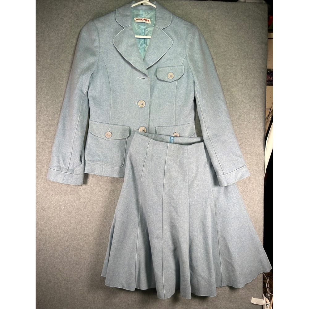 Stains*Marie Claire Paris Vtg. Wool Blend Skirt Suit Light Blue Blazer Size 36